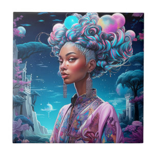 Lady In Surreal World African American Art Purple Tile