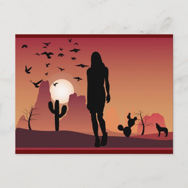 Lady In The desert Landscape Animals silhouette Postcard (Front)