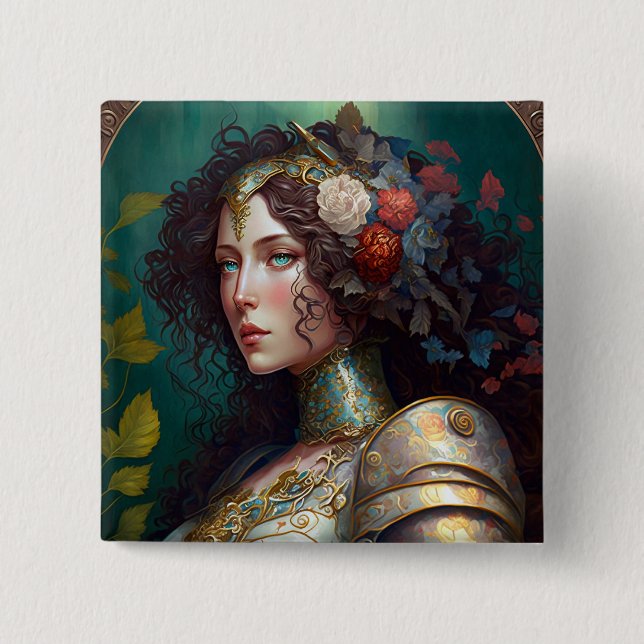 Lady Knight Warrior Armour Fantasy Art 2 Inch Square Button (Front)