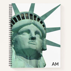 Lady Liberty and Monogram on White & Light Teal Notebook