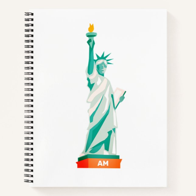 Lady Liberty and Monogram on White & Light Teal Notebook (Front)