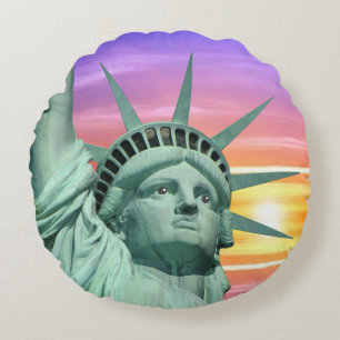 Lady Liberty and Sunrise Round Pillow