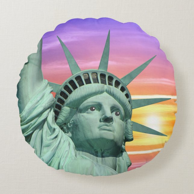 Lady Liberty and Sunrise Round Pillow (Front)
