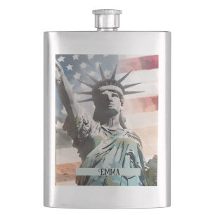 Lady Liberty and the American Flag Custom Name Hip Flask