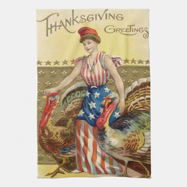 Lady Liberty Turkeys US Flag Patriotic Kitchen Towel (Vertical)