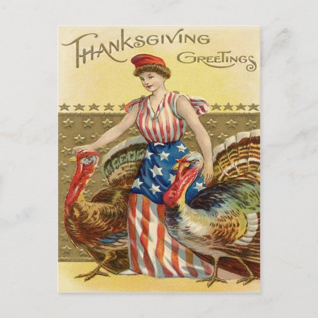 Lady Liberty Turkeys US Flag Patriotic Postcard (Front)