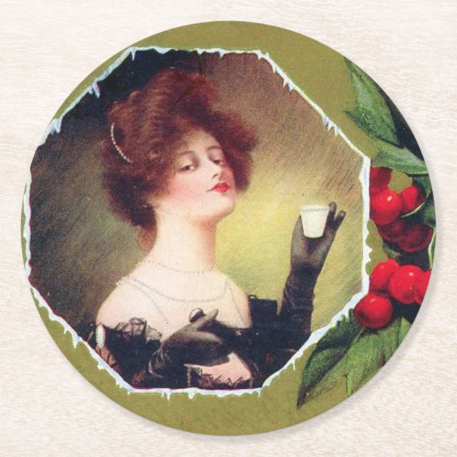 Lady Makes a Toast to Christmas Round Paper Coaster (Front)