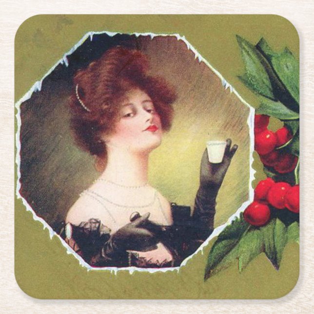 Lady Makes a Toast to Christmas Square Paper Coaster (Front)