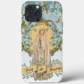 Lady of Fatima Virgin Mary Blue Floral Religious iPhone 13 Pro Max Case