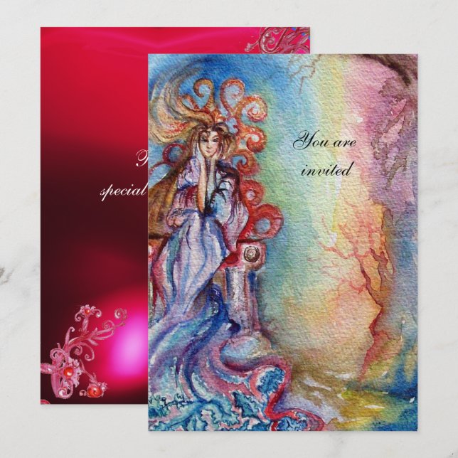 LADY OF LAKE , vibrant  blue pink gem burgundy Invitation (Front/Back)
