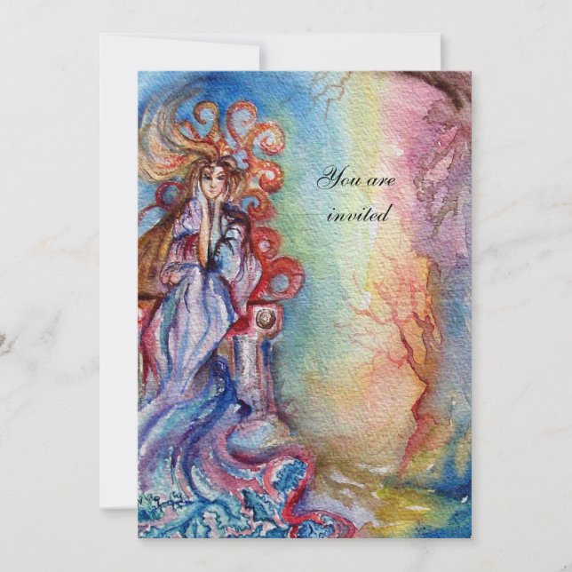 LADY OF LAKE , vibrant  blue pink gem burgundy Invitation (Front)