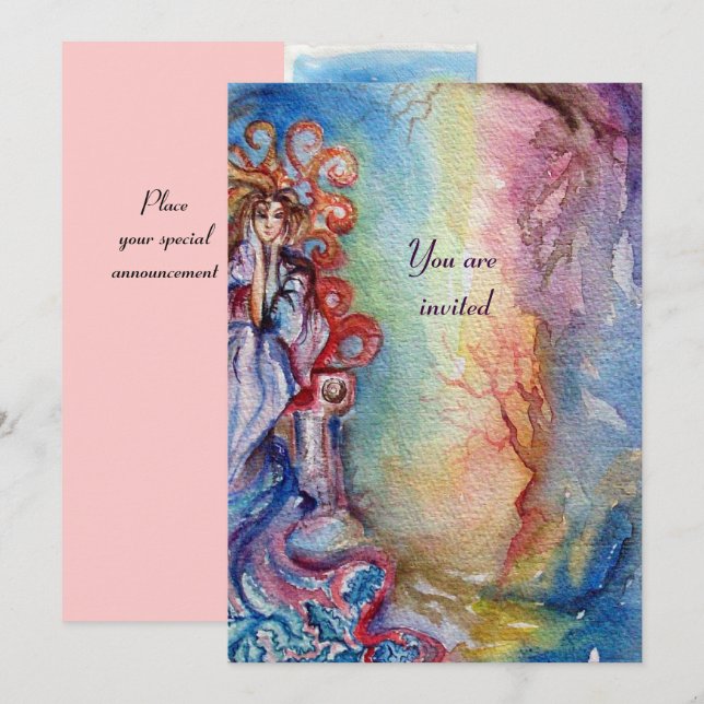 LADY OF LAKE , vibrant bright blue pink Invitation (Front/Back)
