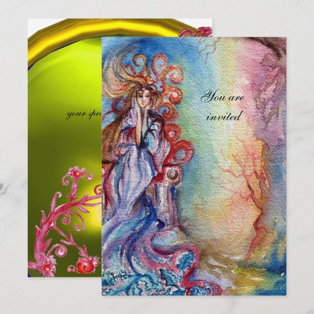 LADY OF LAKE , vibrant bright blue pink yellow Invitation (Front/Back)
