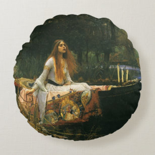 Lady of Shalott On Boat by John William Waterhouse Round Pillow