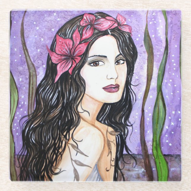 Lady of the Lake Fairy Tale Painting Glass Coaster (Front)