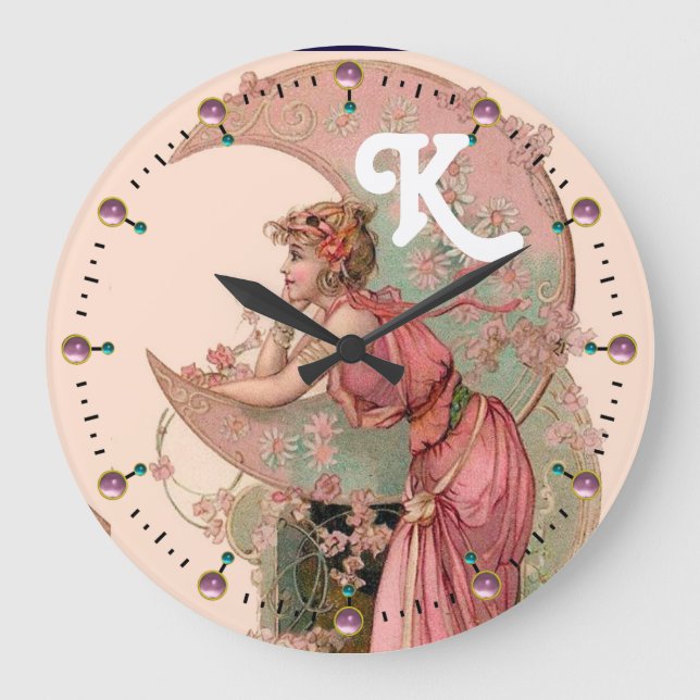 LADY OF THE MOON WITH FLOWERS IN PINK MONOGRAM LARGE CLOCK (Front)
