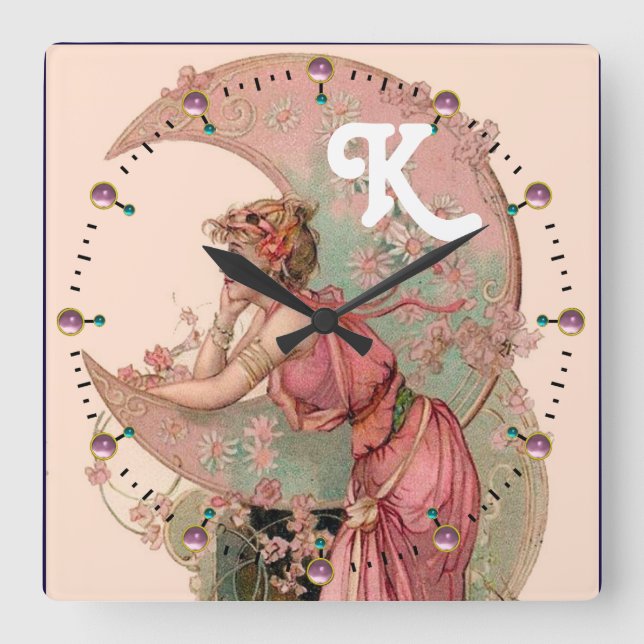 LADY OF THE MOON WITH FLOWERS IN PINK MONOGRAM SQUARE WALL CLOCK (Front)