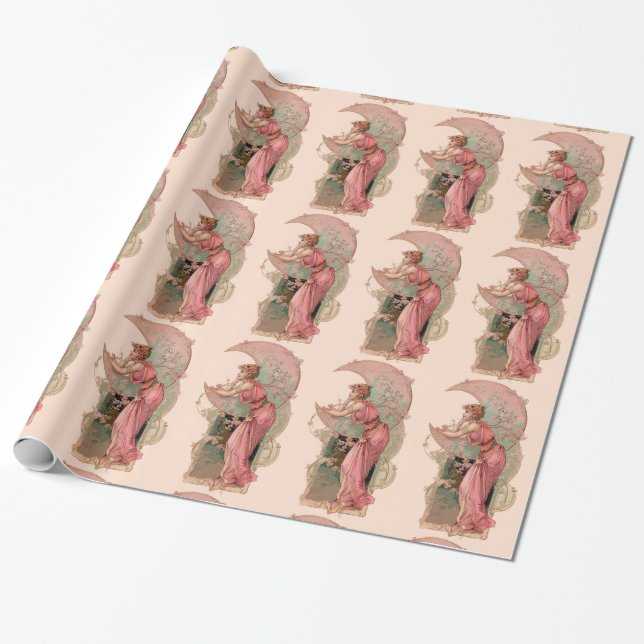 LADY OF THE MOON WITH FLOWERS IN PINK WRAPPING PAPER (Unrolled)