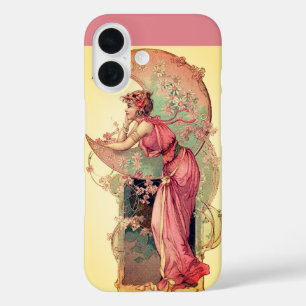 LADY OF THE MOON WITH FLOWERS IN PINK YELLOW iPhone 16 CASE