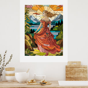 Lady of the Scenic Vista: Stained Glass Elegance Poster