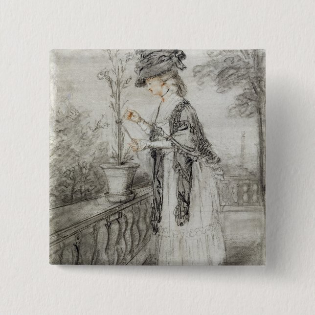 Lady on a Terrace Tending a Carnation Plant (black 2 Inch Square Button (Front)