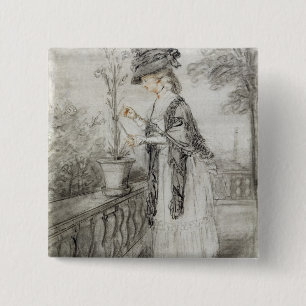 Lady on a Terrace Tending a Carnation Plant (black 2 Inch Square Button