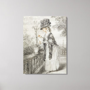 Lady on a Terrace Tending a Carnation Plant (black Canvas Print