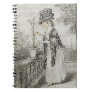 Lady on a Terrace Tending a Carnation Plant (black Notebook