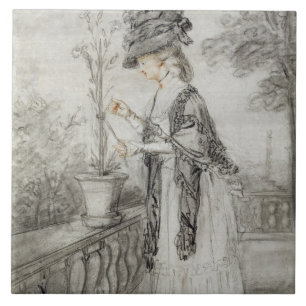 Lady on a Terrace Tending a Carnation Plant (black Tile
