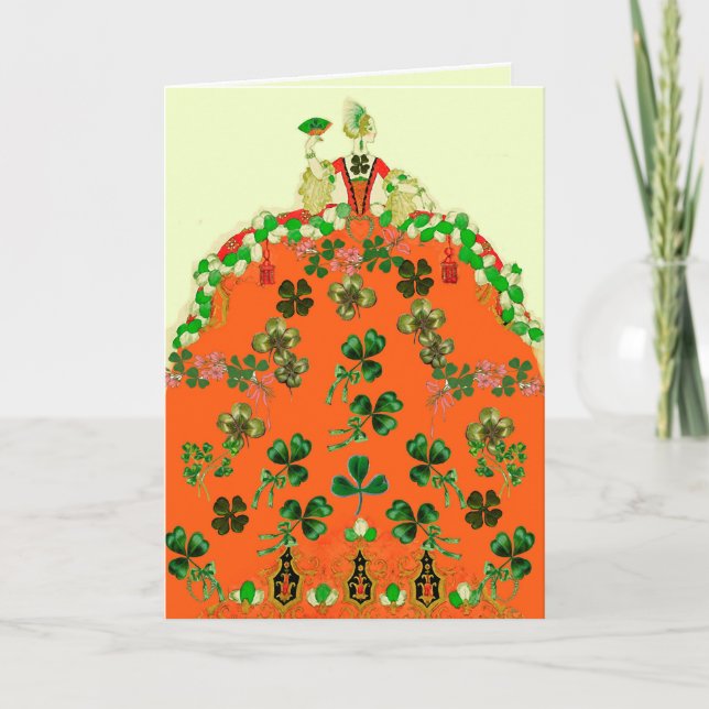 LADY ORANGE AND SHAMROCKS St. Patricks Day Fashion Holiday Card (Front)