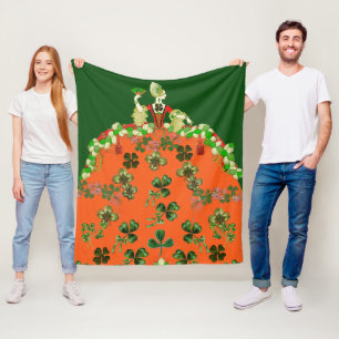 LADY ORANGE AND SHAMROCKS St. Patricks Day Green Fleece Blanket