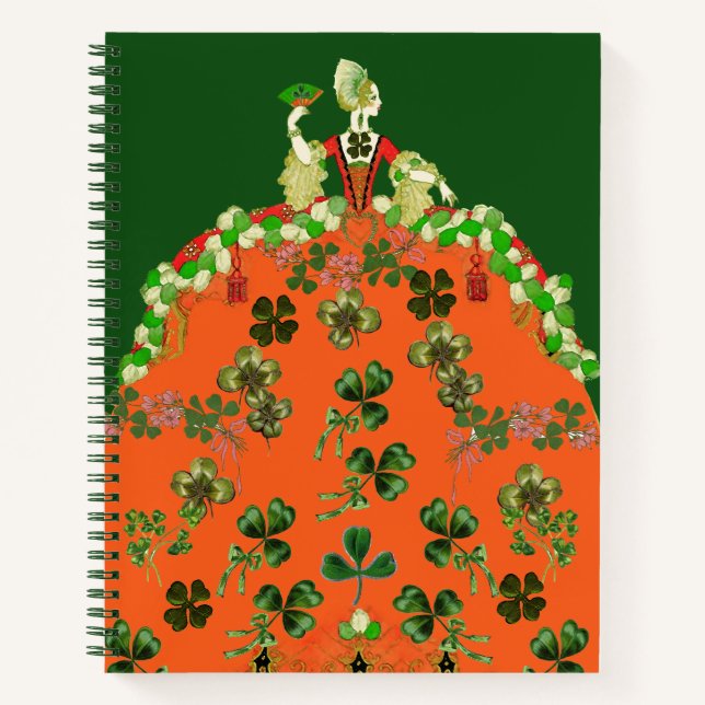 LADY ORANGE AND SHAMROCKS St. Patricks Day Green Notebook (Front)