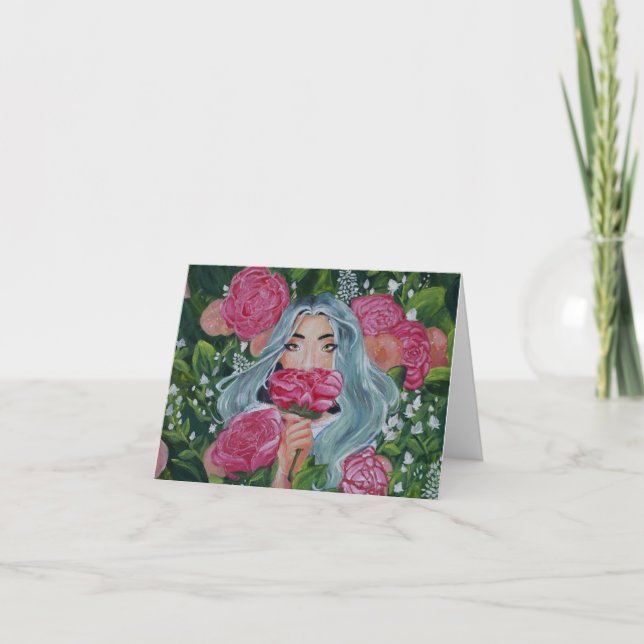 Lady Peeking Out From The Roses Card (Front)