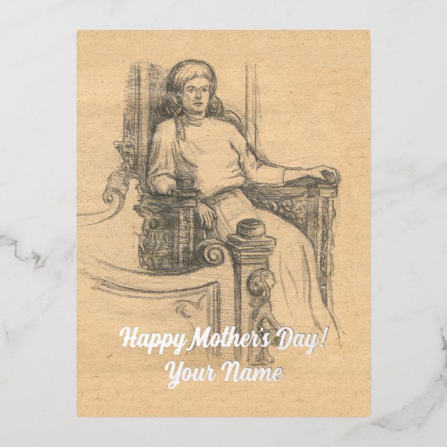 Lady pencil graphics on craft foil holiday postcard (Front)