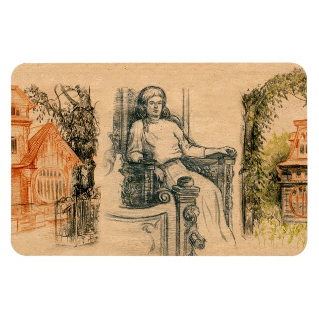 Lady pencil graphics on craft magnet (Horizontal)