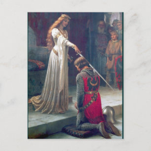 Lady queen knighting knight antique painting postcard