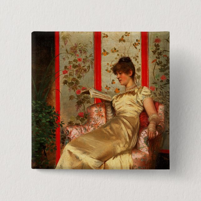 Lady Reading 2 Inch Square Button (Front)