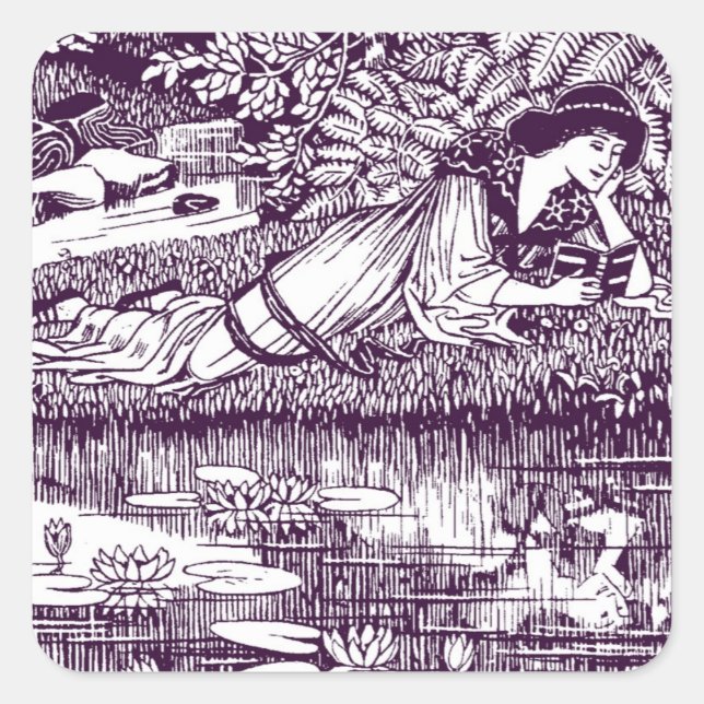 Lady Reading beside a pond Square Sticker (Front)