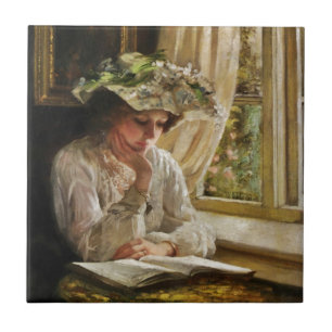 Lady Reading by a Window Tile