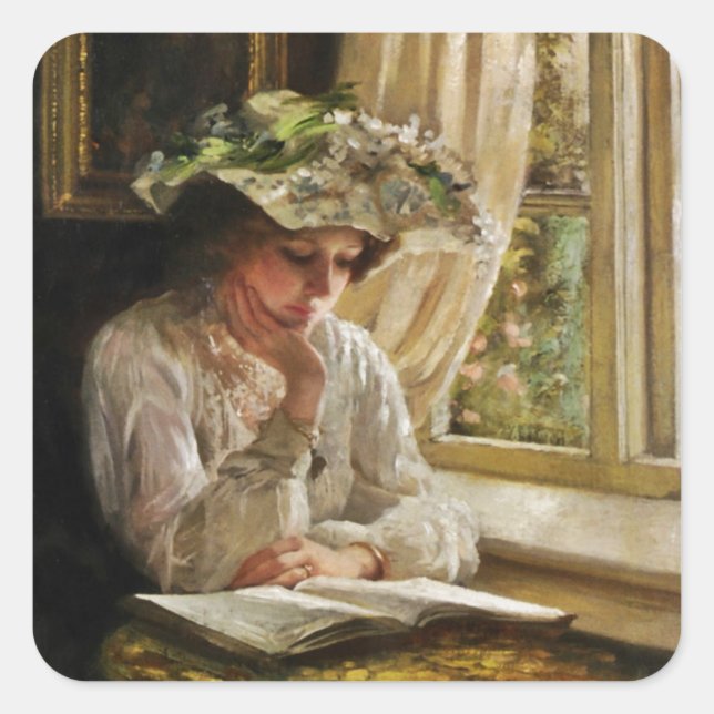 Lady Reading by Window Square Sticker (Front)