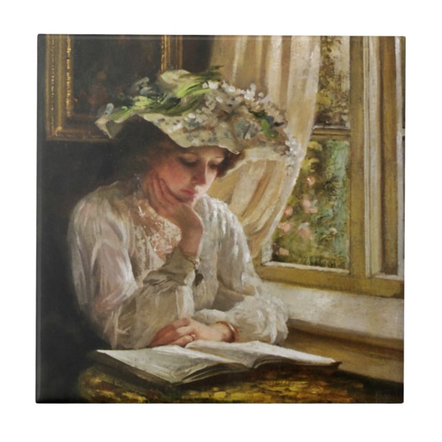 Lady Reading by Window Tile (Front)