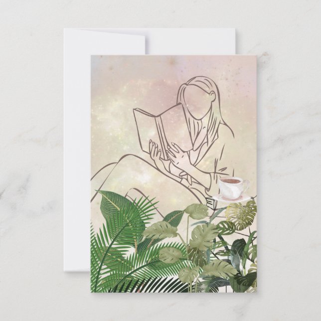Lady Reading with plants and coffee card (Front)