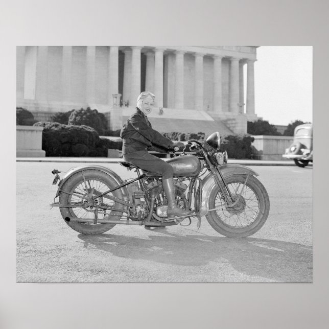 Lady Riding Motorcycle, 1937. Vintage Photo Poster (Front)