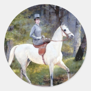Lady Riding White Horse Painting Classic Round Sticker