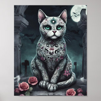 "Lady Rose" Gothic, Day of the Dead, White Cat Poster