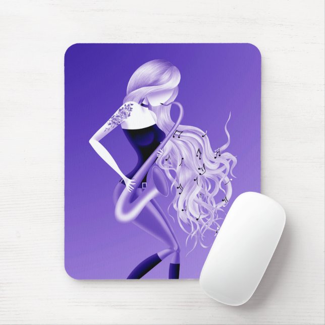 Lady Saxophonist Blue Mouse Mat (With Mouse)
