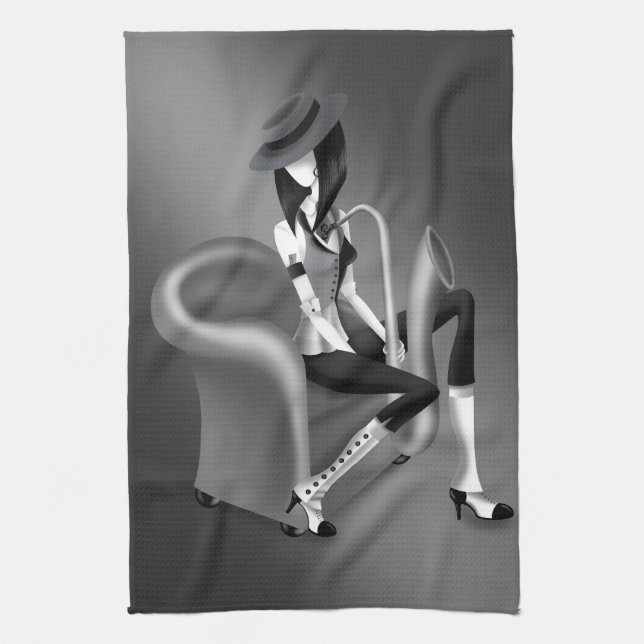 Lady saxophonist - Jazz-Inspired Tea Towel  (Vertical)