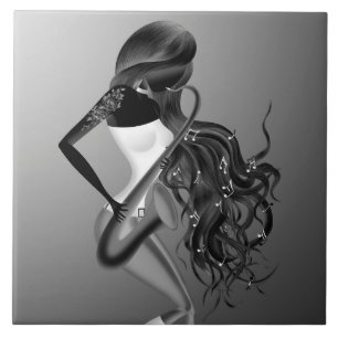 Lady Saxophonist Musician  Grey monochrome Tile