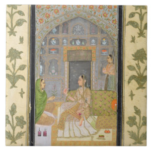 Lady seated in a Pavilion with attendants, from th Tile