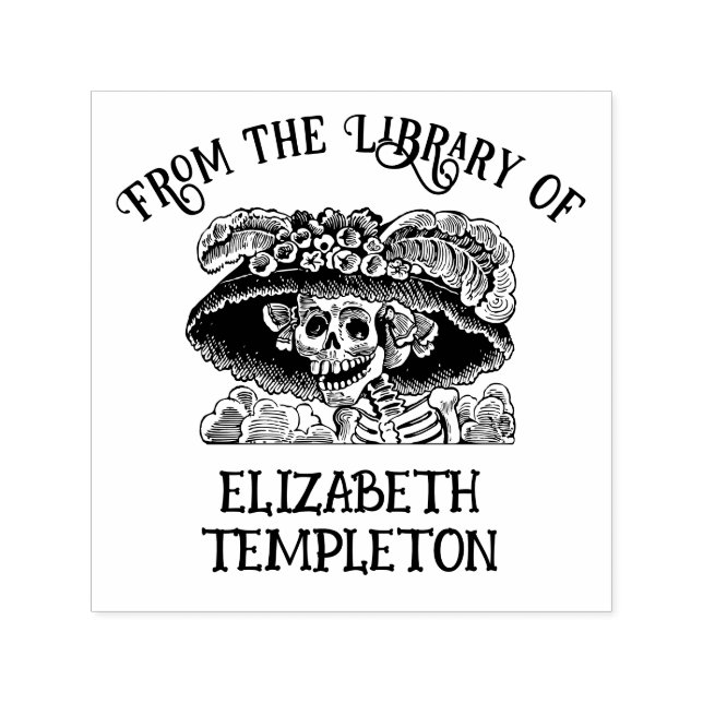 Lady Skeleton Skull with Big Hat Library Book Name Self-inking Stamp (Design)